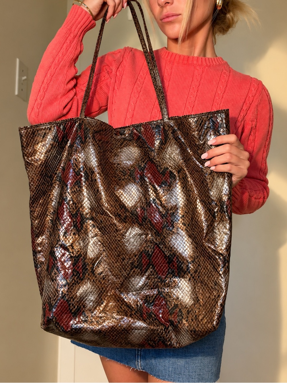 Authentic Carlos Falchi Designer Snakeskin Print Oversized Tote Bag